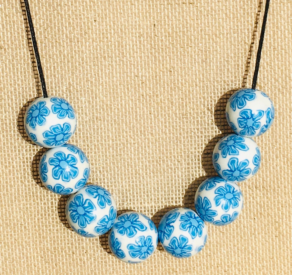 Handmade Blue & White Floral Beaded Polymer Clay Necklace – Artisan Jewellery Gift for Her