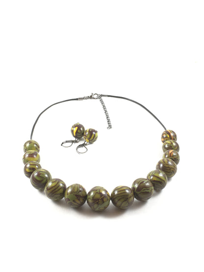 Handmade Olive, Brown & Yellow Polymer Clay Beaded Necklace & Earrings Set – Gift for Her