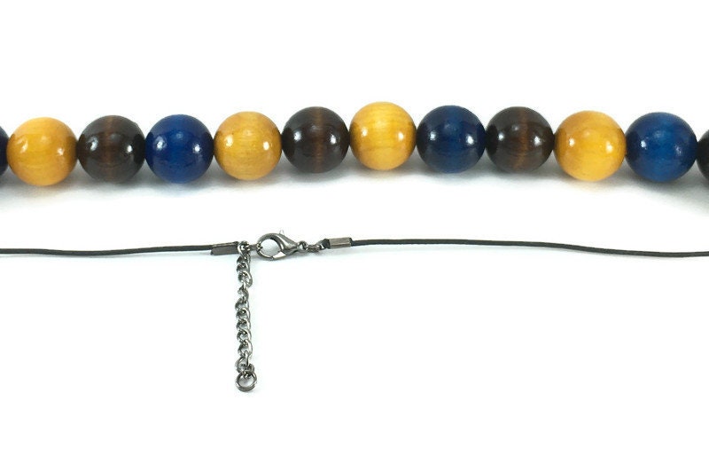 Handmade Wooden Blue, Brown & Yellow Beaded Necklace – Lightweight Jewellery Gift for Her
