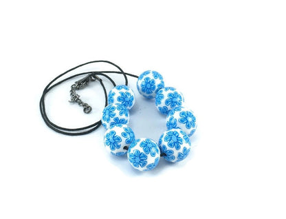 Handmade Blue & White Floral Beaded Polymer Clay Necklace – Artisan Jewellery Gift for Her