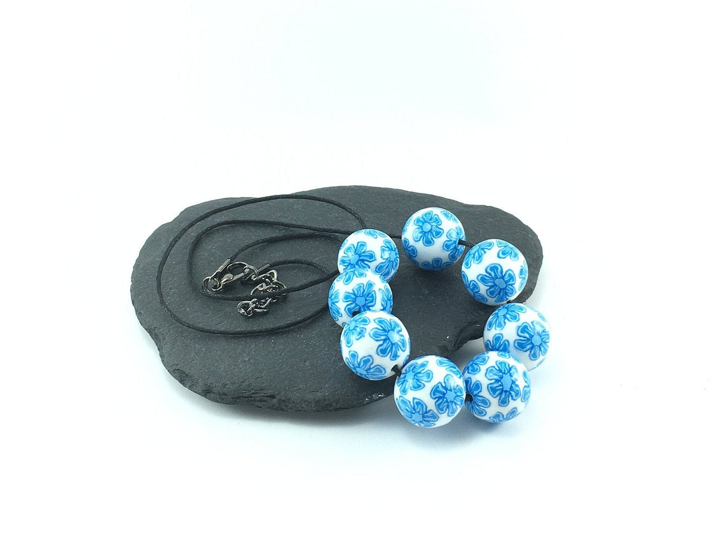 Handmade Blue & White Floral Beaded Polymer Clay Necklace – Artisan Jewellery Gift for Her