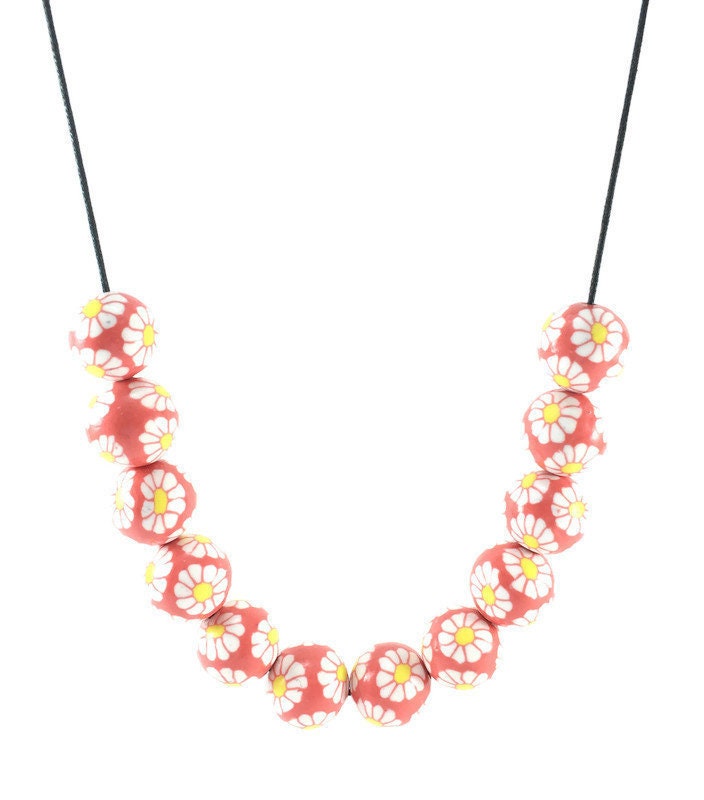 Handmade Red & White Floral Polymer Clay Beaded Necklace – Artisan Jewellery Gift for Her