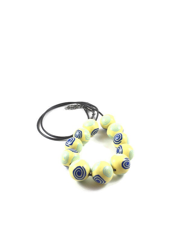 Handmade Blue & Yellow Millefiori Polymer Clay Beaded Necklace – Artisan Jewellery Gift for Her