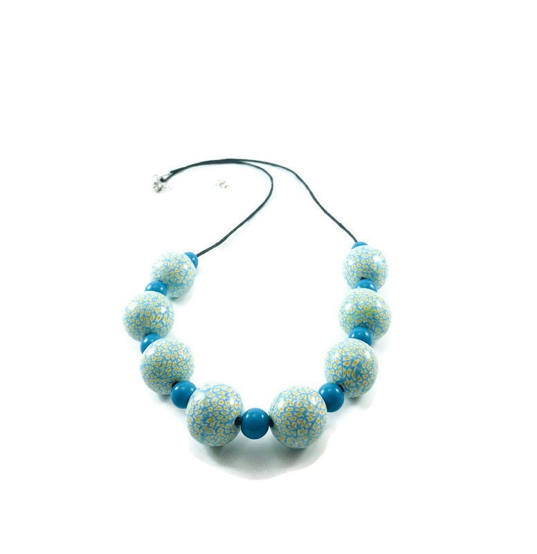 Handmade Turquoise & Yellow Polymer Clay Beaded Necklace – Artisan Jewellery Gift for Her
