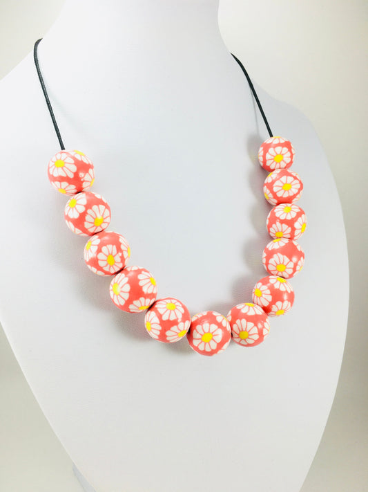 Handmade Red & White Floral Polymer Clay Beaded Necklace – Artisan Jewellery Gift for Her