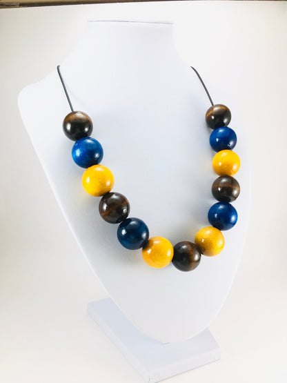 Handmade Wooden Blue, Brown & Yellow Beaded Necklace – Lightweight Jewellery Gift for Her