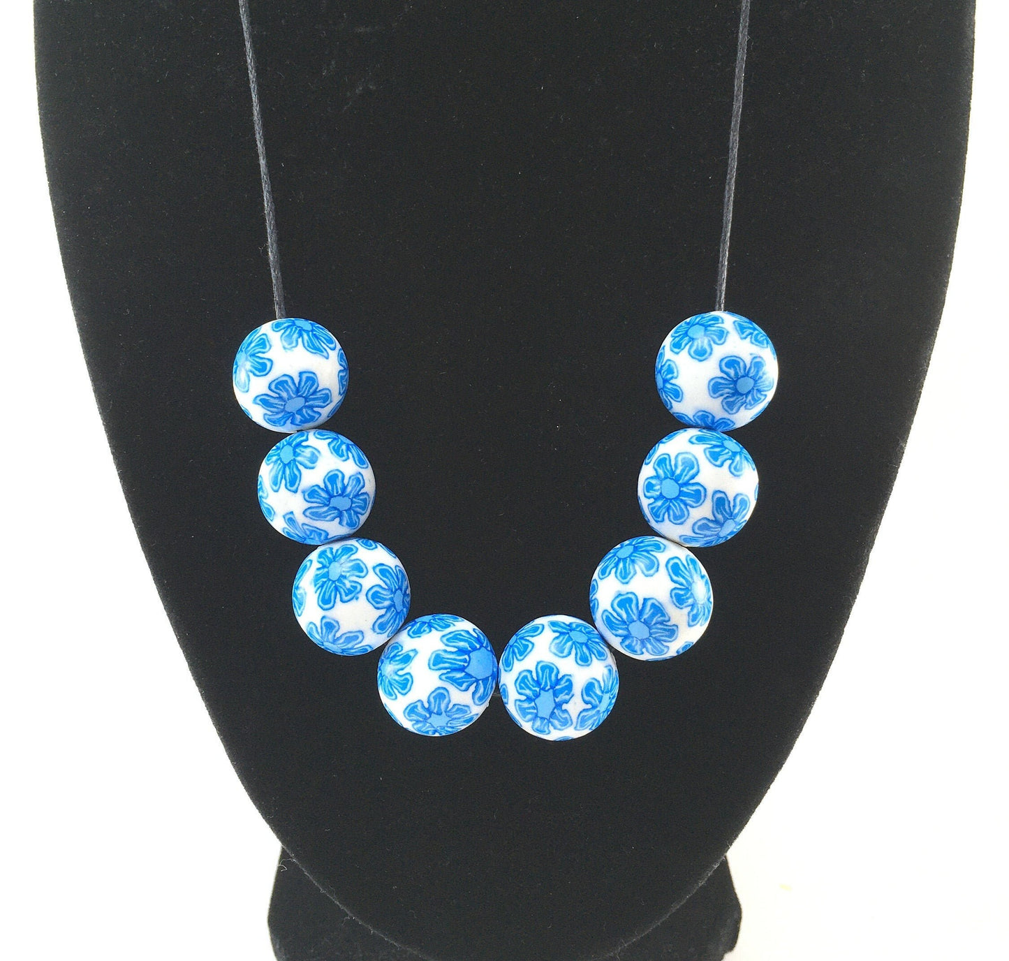 Handmade Blue & White Floral Beaded Polymer Clay Necklace – Artisan Jewellery Gift for Her