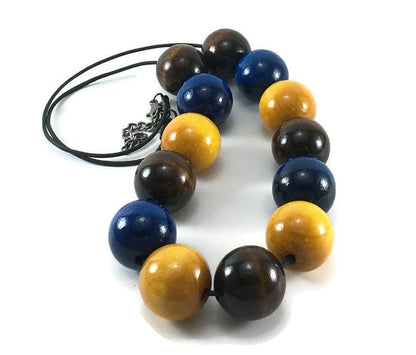 Handmade Wooden Blue, Brown & Yellow Beaded Necklace – Lightweight Jewellery Gift for Her