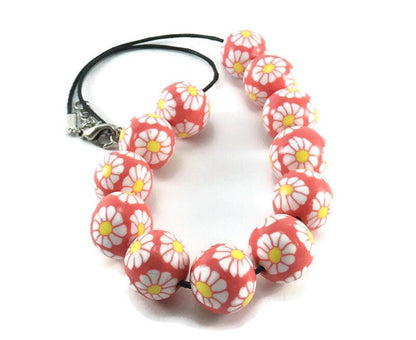 Handmade Red & White Floral Polymer Clay Beaded Necklace – Artisan Jewellery Gift for Her