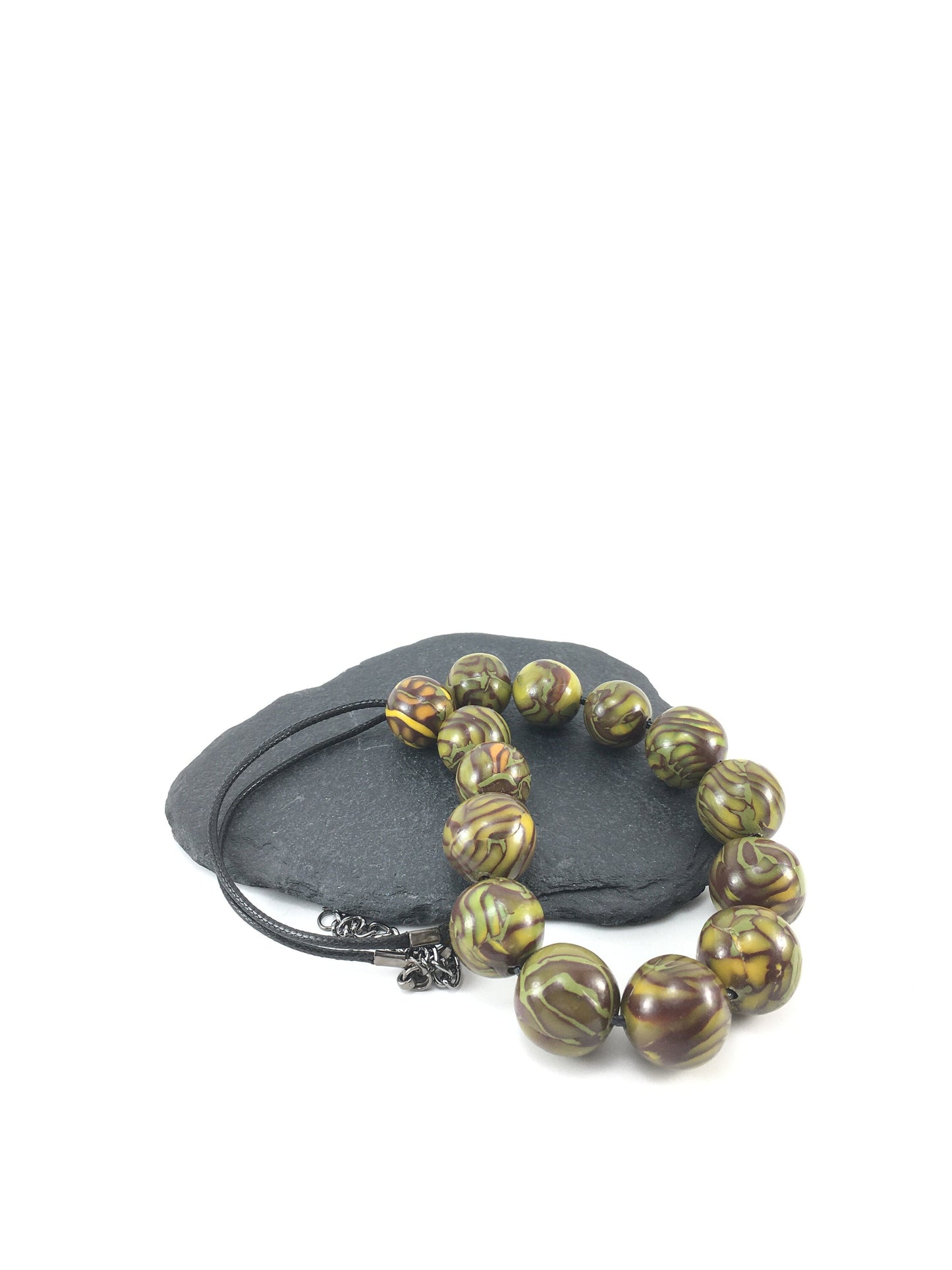 Handmade Olive, Brown & Yellow Polymer Clay Beaded Necklace & Earrings Set – Gift for Her