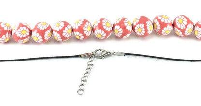 Handmade Red & White Floral Polymer Clay Beaded Necklace – Artisan Jewellery Gift for Her