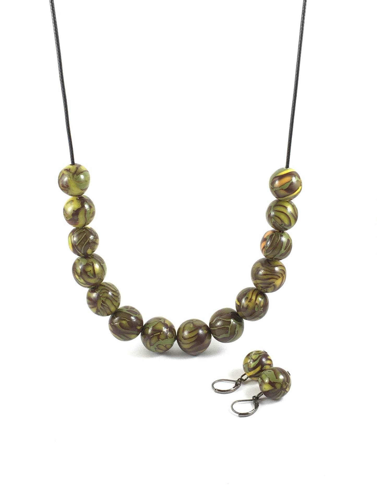 Handmade Olive, Brown & Yellow Polymer Clay Beaded Necklace & Earrings Set – Gift for Her