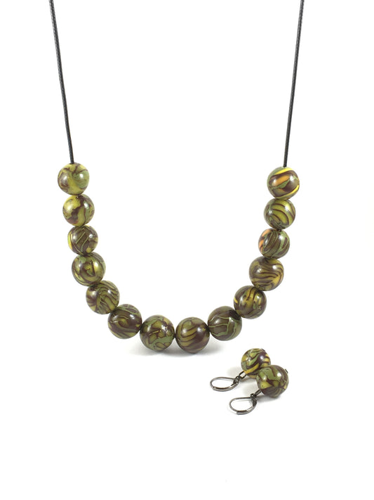 Handmade Olive, Brown & Yellow Polymer Clay Beaded Necklace & Earrings Set – Gift for Her