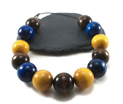 Handmade Wooden Blue, Brown & Yellow Beaded Necklace – Lightweight Jewellery Gift for Her