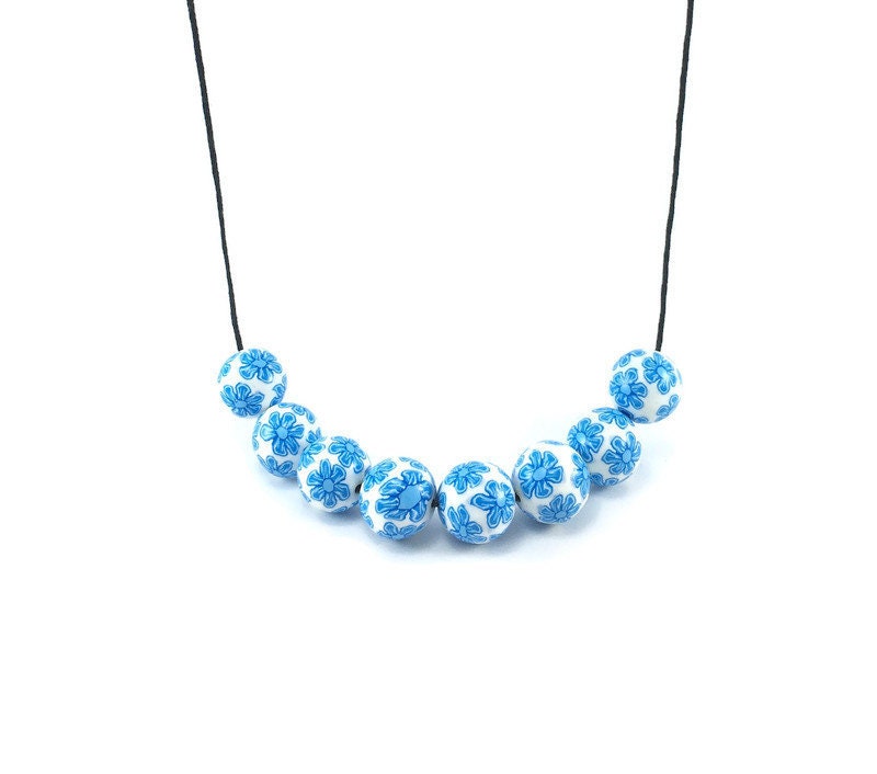 Handmade Blue & White Floral Beaded Polymer Clay Necklace – Artisan Jewellery Gift for Her