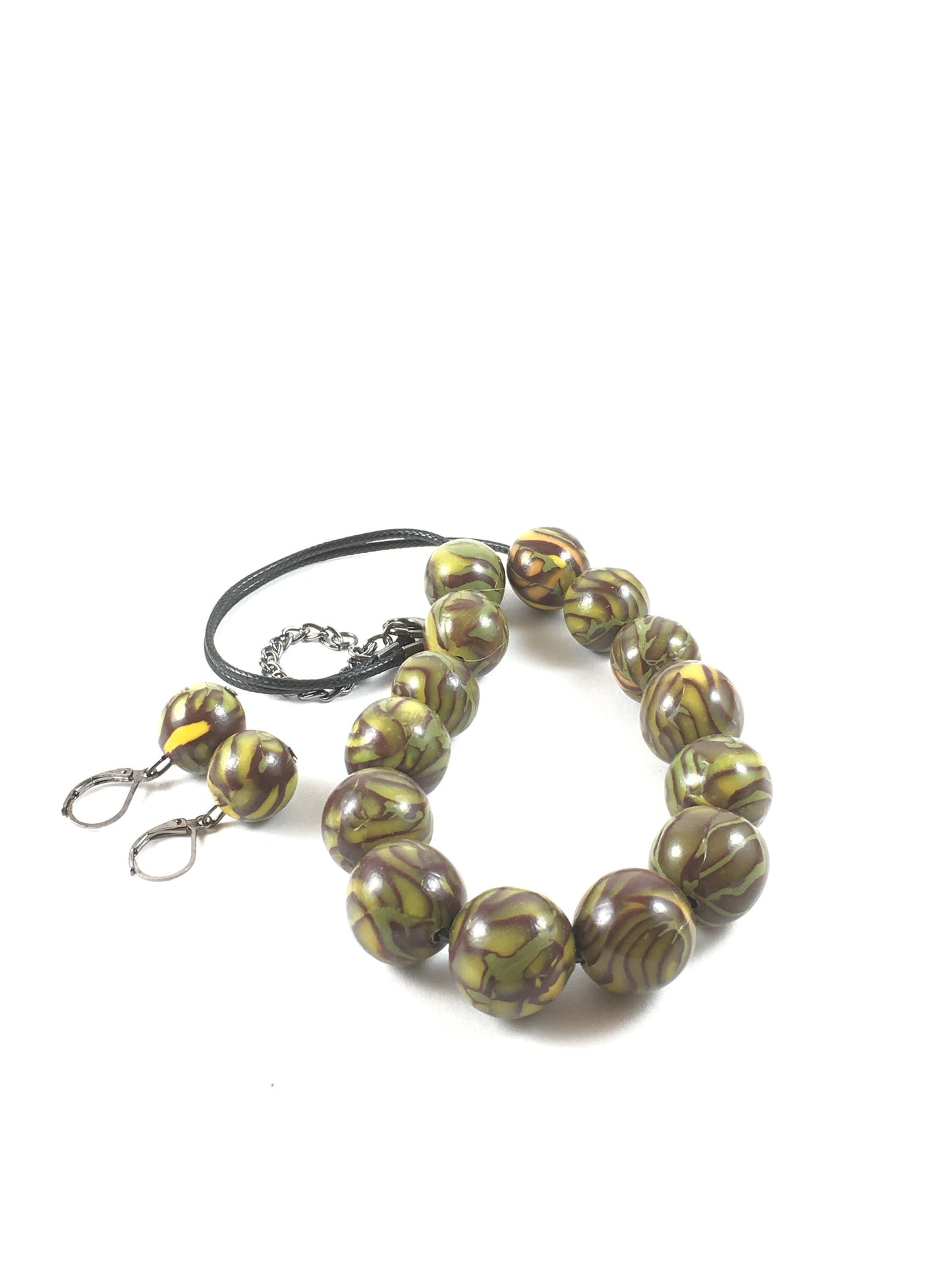 Handmade Olive, Brown & Yellow Polymer Clay Beaded Necklace & Earrings Set – Gift for Her