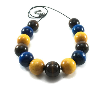 Handmade Wooden Blue, Brown & Yellow Beaded Necklace – Lightweight Jewellery Gift for Her