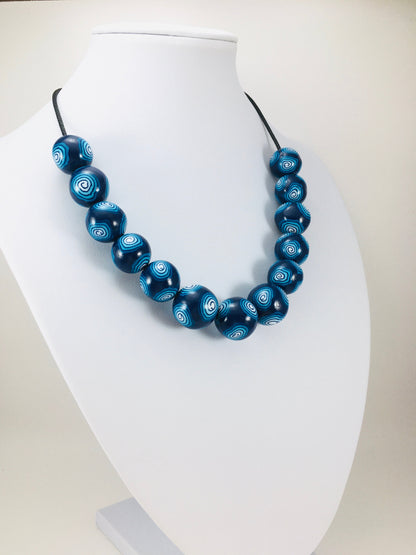 Handmade Navy & Turquoise Millefiori Polymer Clay Beaded Necklace – Gift for Her