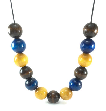 Handmade Wooden Blue, Brown & Yellow Beaded Necklace – Lightweight Jewellery Gift for Her