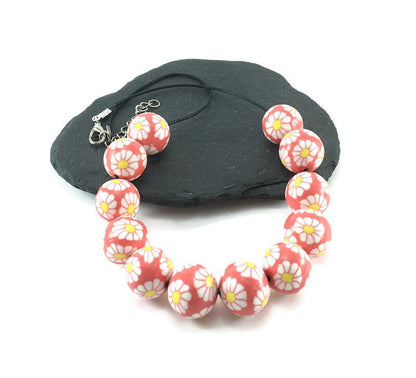 Handmade Red & White Floral Polymer Clay Beaded Necklace – Artisan Jewellery Gift for Her