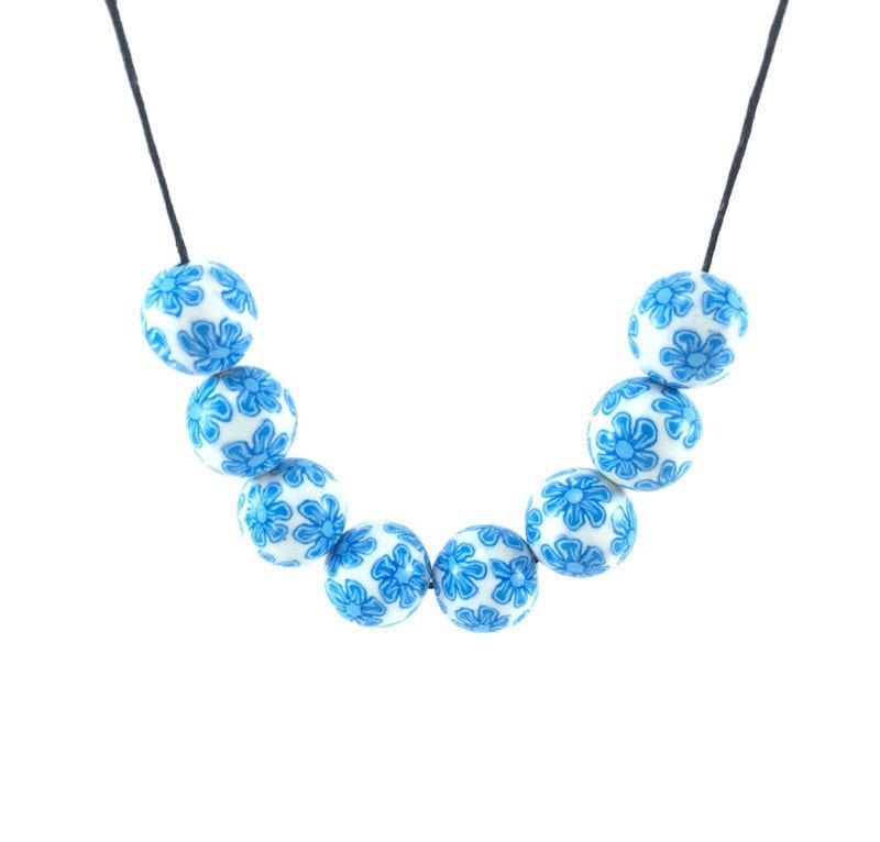 Handmade Blue & White Floral Beaded Polymer Clay Necklace – Artisan Jewellery Gift for Her
