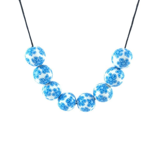Handmade Blue & White Floral Beaded Polymer Clay Necklace – Artisan Jewellery Gift for Her