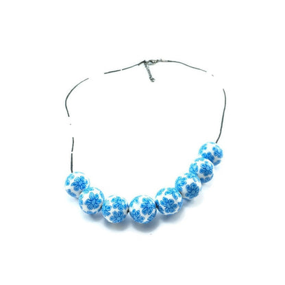Handmade Blue & White Floral Beaded Polymer Clay Necklace – Artisan Jewellery Gift for Her