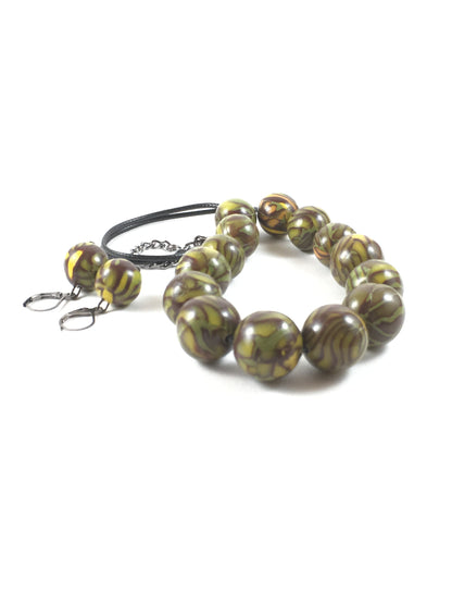 Handmade Olive, Brown & Yellow Polymer Clay Beaded Necklace & Earrings Set – Gift for Her