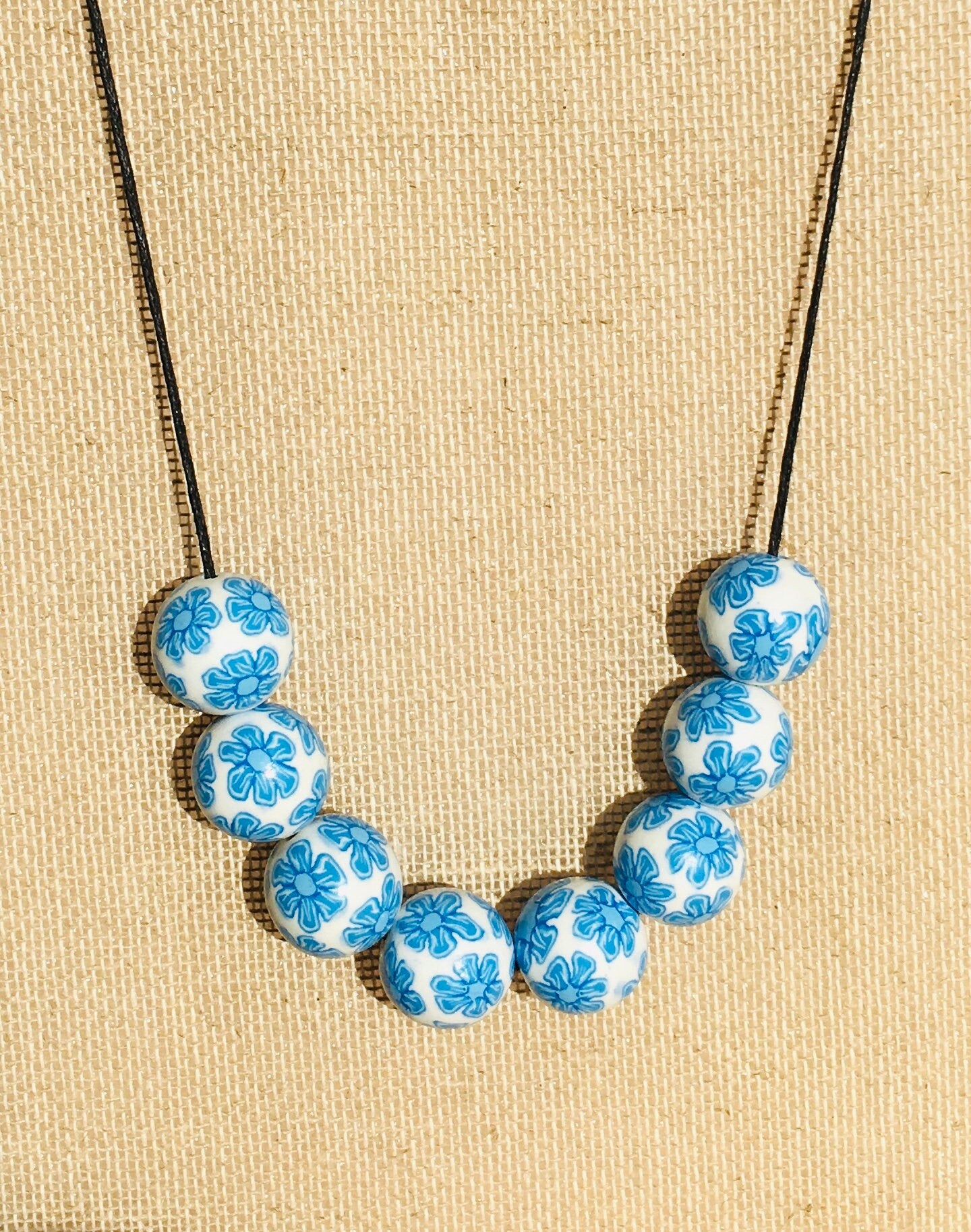 Handmade Blue & White Floral Beaded Polymer Clay Necklace – Artisan Jewellery Gift for Her