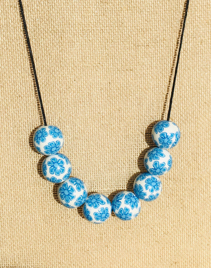 Handmade Blue & White Floral Beaded Polymer Clay Necklace – Artisan Jewellery Gift for Her