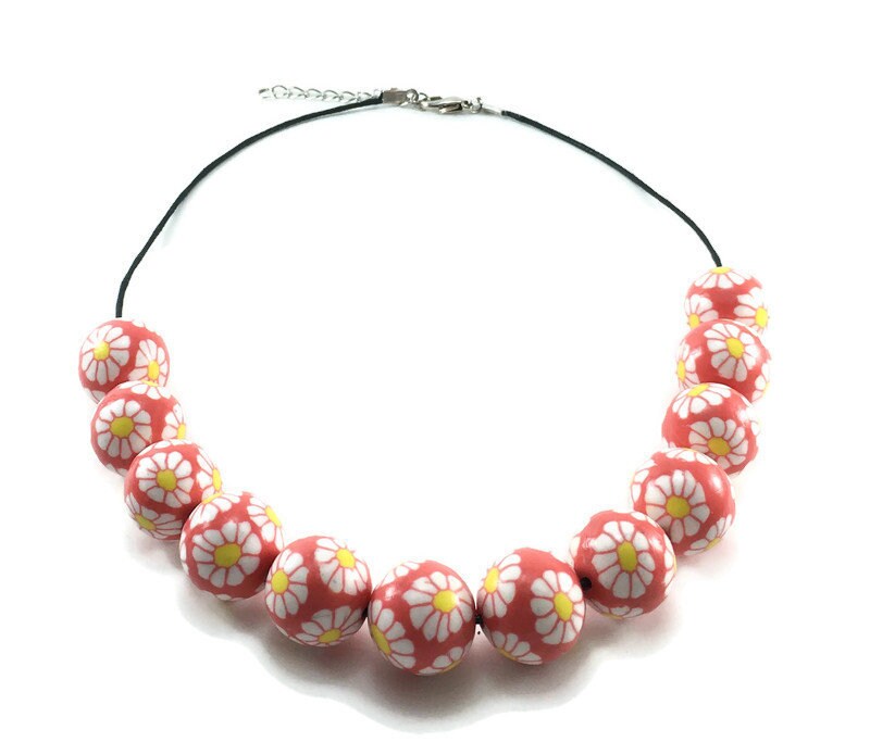 Handmade Red & White Floral Polymer Clay Beaded Necklace – Artisan Jewellery Gift for Her