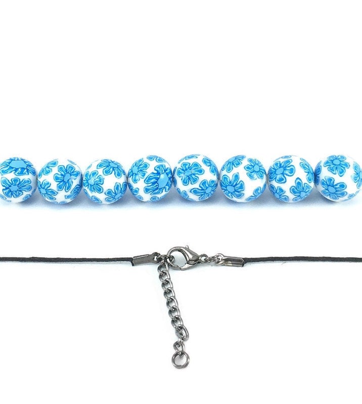 Handmade Blue & White Floral Beaded Polymer Clay Necklace – Artisan Jewellery Gift for Her