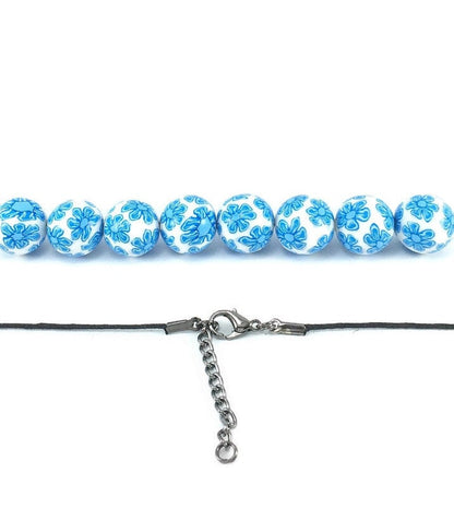 Handmade Blue & White Floral Beaded Polymer Clay Necklace – Artisan Jewellery Gift for Her