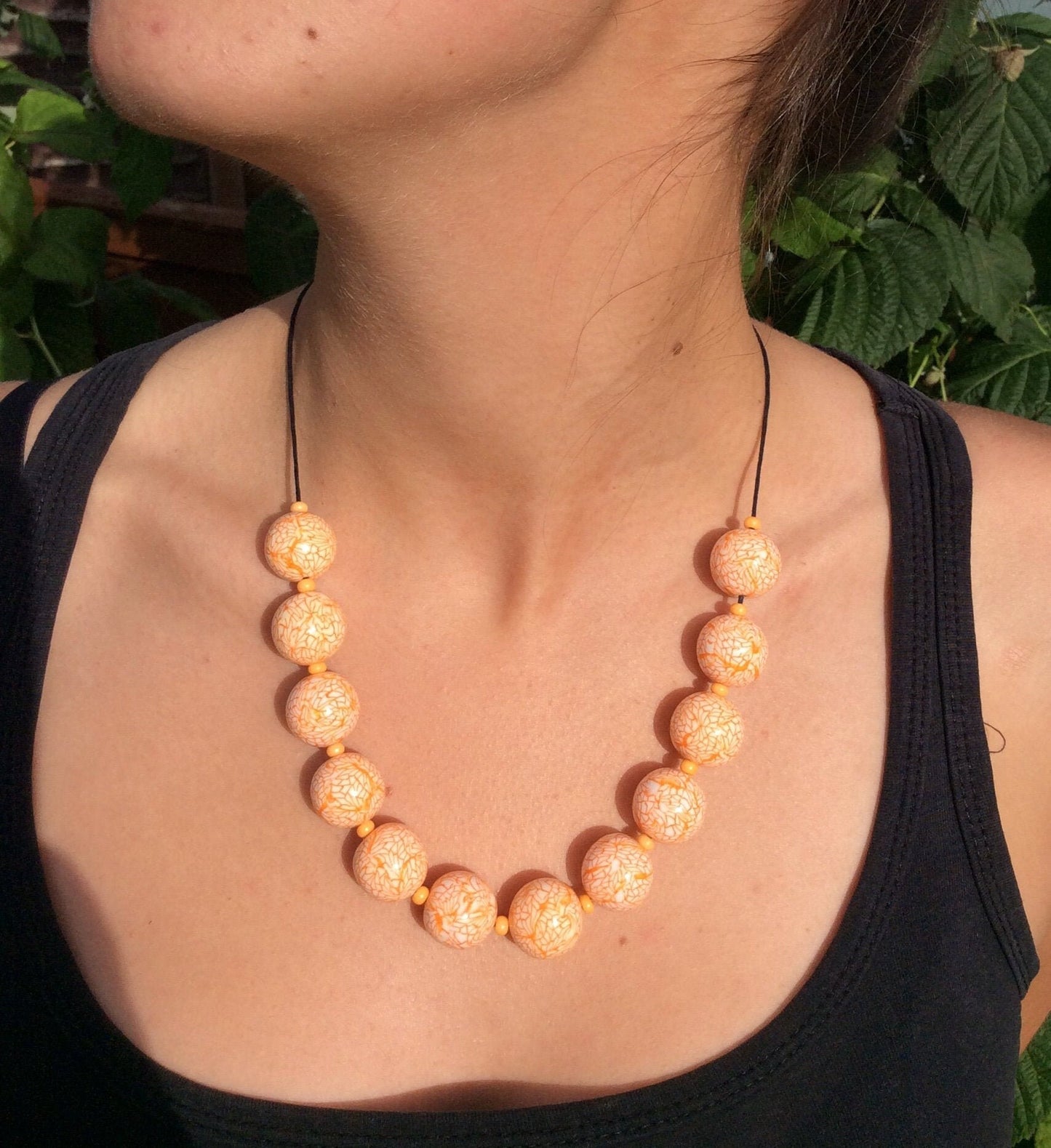 Handmade Orange & White Polymer Clay Beaded Necklace – Artisan Jewellery Gift for Her
