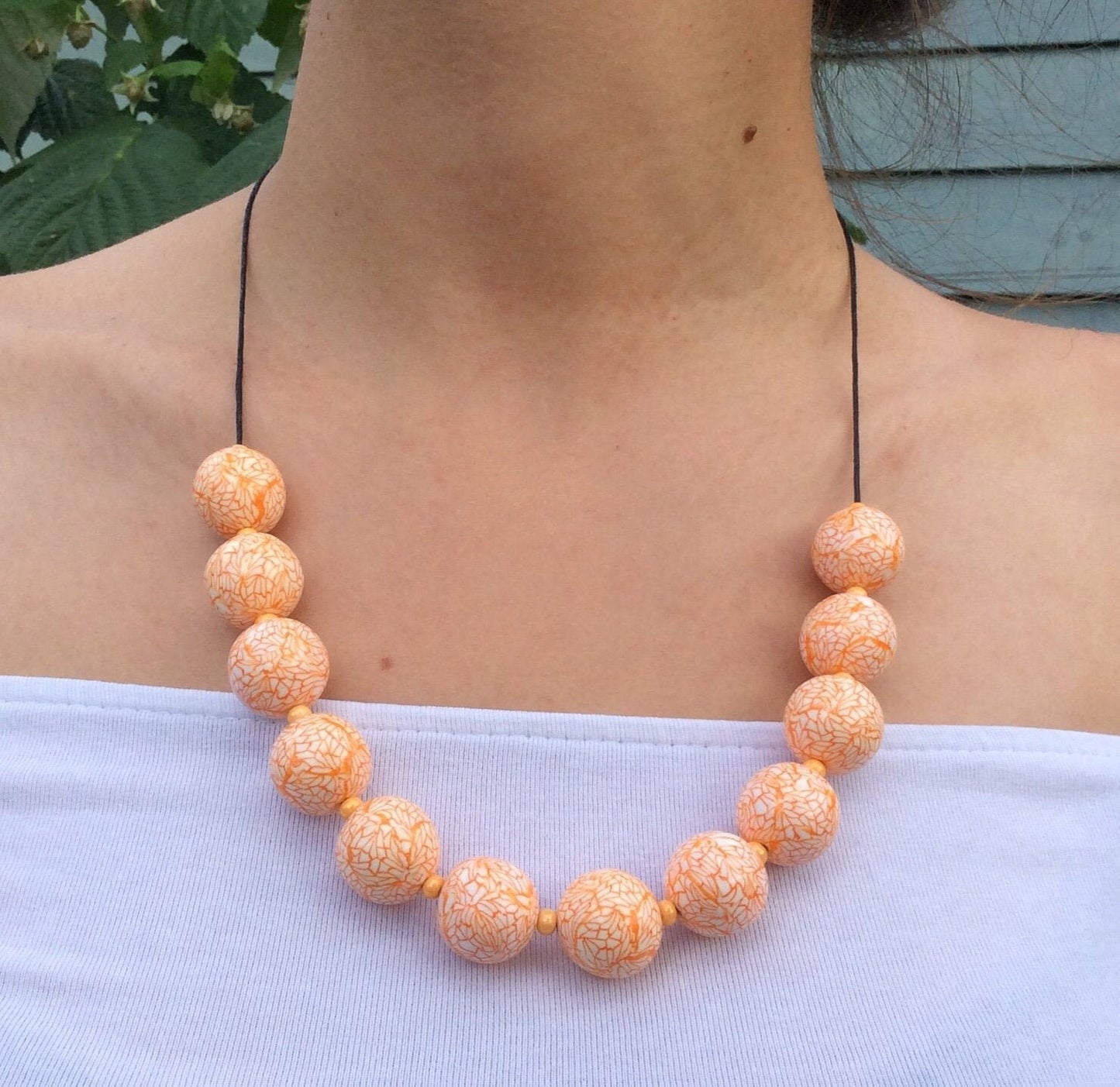 Handmade Orange & White Polymer Clay Beaded Necklace – Artisan Jewellery Gift for Her