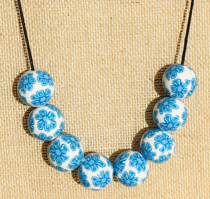 Handmade Blue & White Floral Beaded Polymer Clay Necklace – Artisan Jewellery Gift for Her