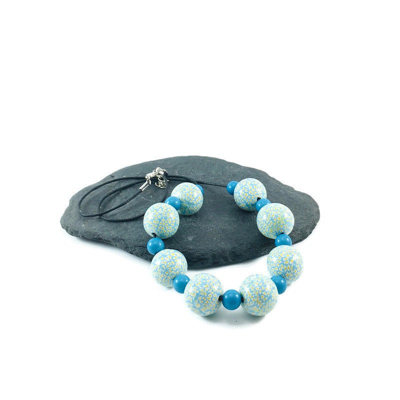 Handmade Turquoise & Yellow Polymer Clay Beaded Necklace – Artisan Jewellery Gift for Her