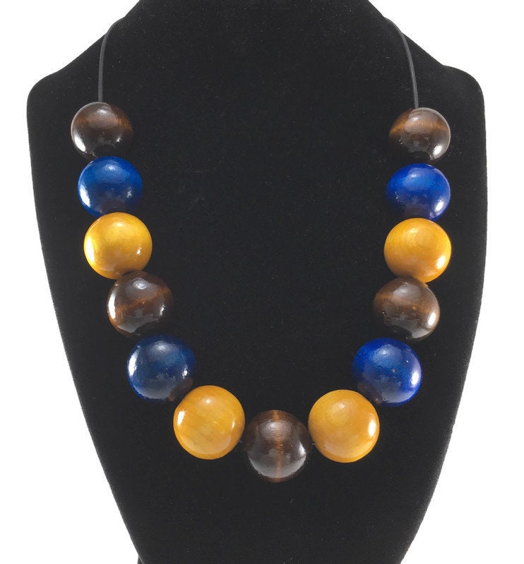 Handmade Wooden Blue, Brown & Yellow Beaded Necklace – Lightweight Jewellery Gift for Her