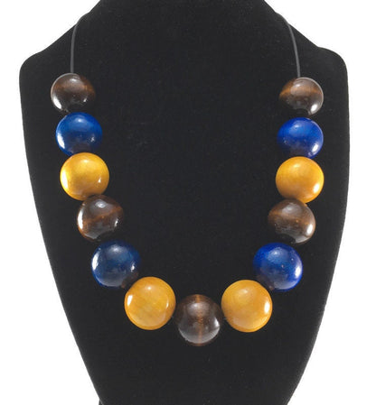 Handmade Wooden Blue, Brown & Yellow Beaded Necklace – Lightweight Jewellery Gift for Her